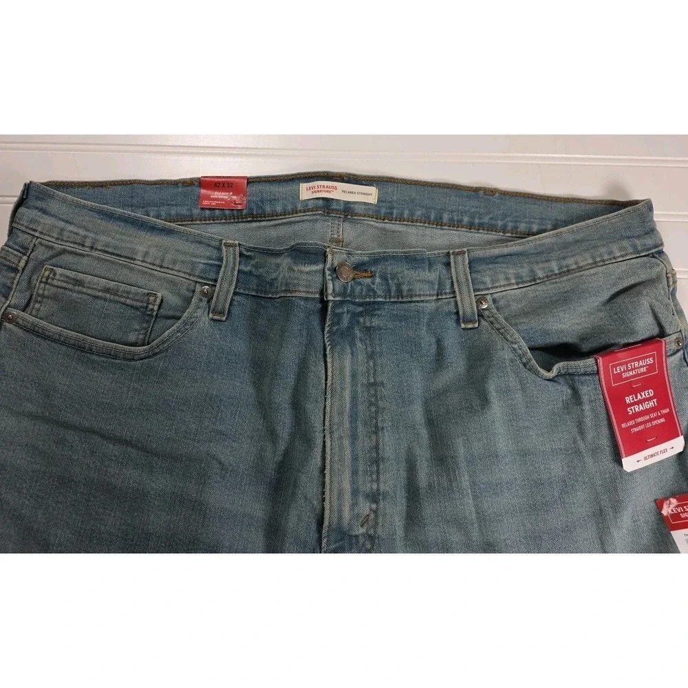 NWT SIGNATURE LEVI STRAUSS 42x32 Men's Cotton Denim Relaxed Straight Blue‎ Jeans